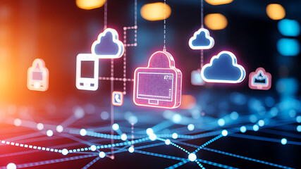 Floating 3D holographic icons representing digital devices and cloud storage, connected by bright, pulsing lines