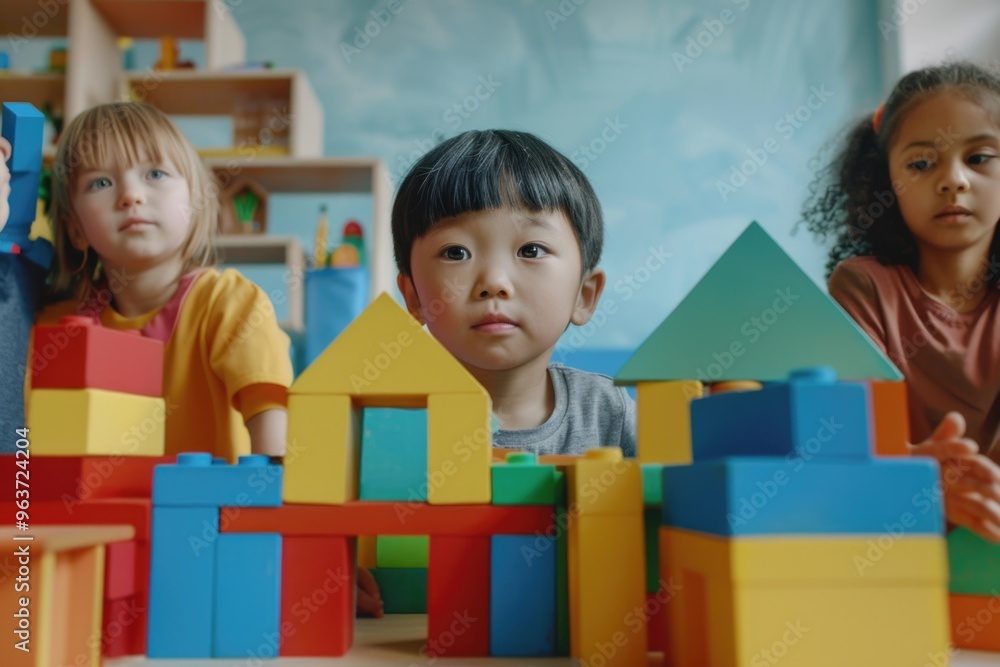 Aufkleber group of kids constructing with building blocks in a room