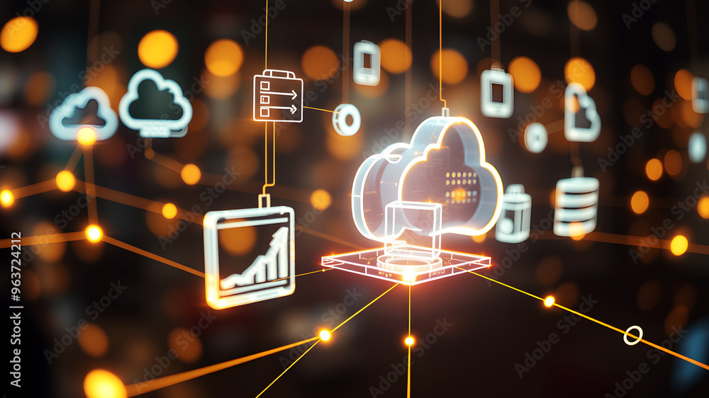 Poster floating 3d holographic icons representing digital devices and cloud storage, connected by bright, p