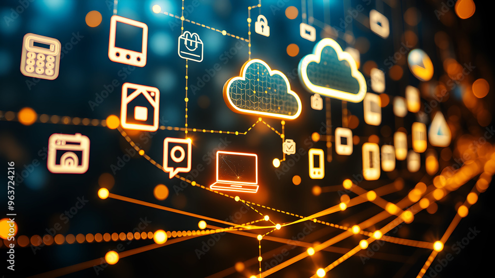 Poster floating 3d holographic icons representing digital devices and cloud storage, connected by bright, p