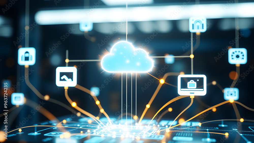 Poster floating 3d holographic icons representing digital devices and cloud storage, connected by bright, p