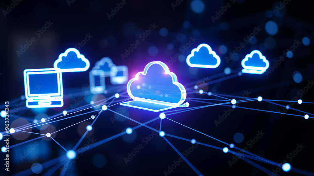 Poster floating 3d holographic icons representing digital devices and cloud storage, connected by bright, p