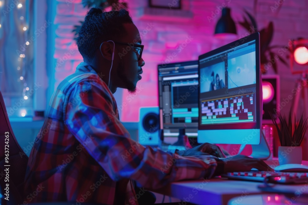 Poster a person sitting in front of two computer monitors, focused on work