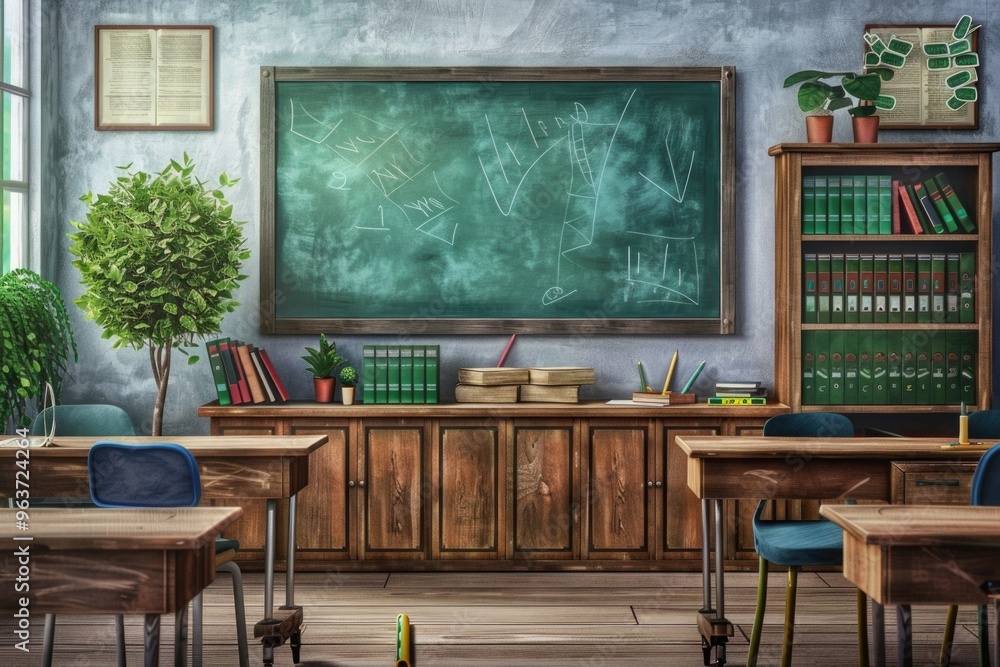 Poster a traditional classroom setting with rows of desks and a chalkboard for teaching