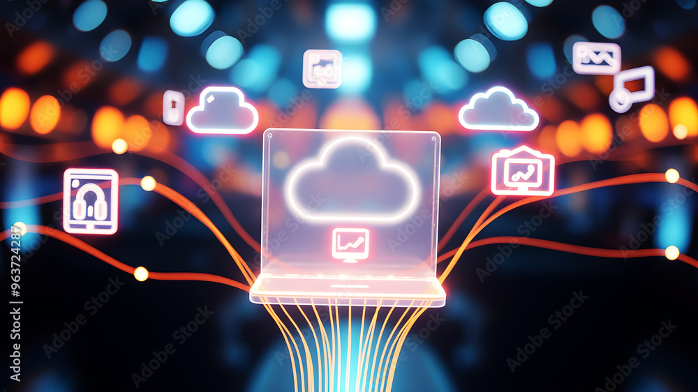 Poster floating 3d holographic icons representing digital devices and cloud storage, connected by bright, p