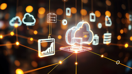 Floating 3D holographic icons representing digital devices and cloud storage, connected by bright, pulsing lines