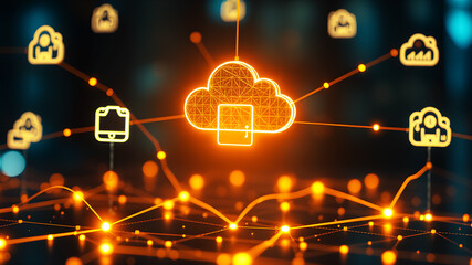 Floating 3D holographic icons representing digital devices and cloud storage, connected by bright, pulsing lines