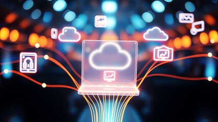 Floating 3D holographic icons representing digital devices and cloud storage, connected by bright, pulsing lines