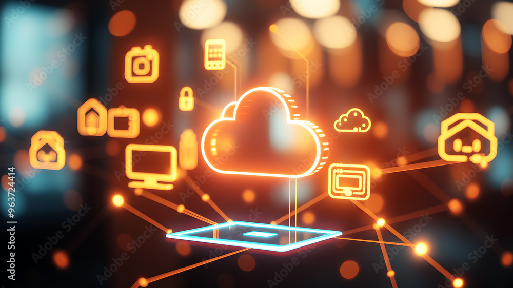 Poster floating 3d holographic icons representing digital devices and cloud storage, connected by bright, p