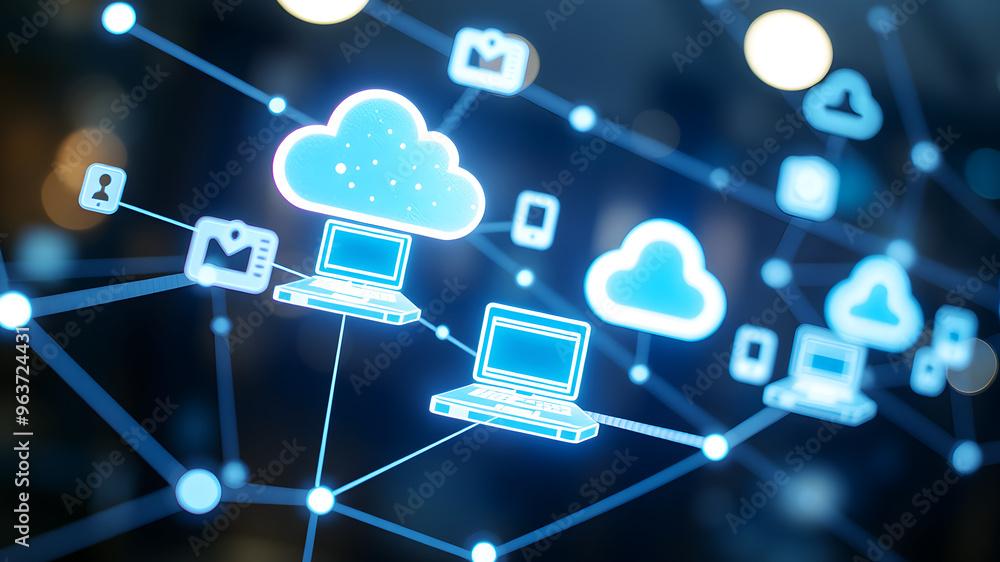 Poster floating 3d holographic icons representing digital devices and cloud storage, connected by bright, p