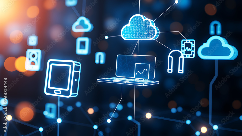 Poster floating 3d holographic icons representing digital devices and cloud storage, connected by bright, p