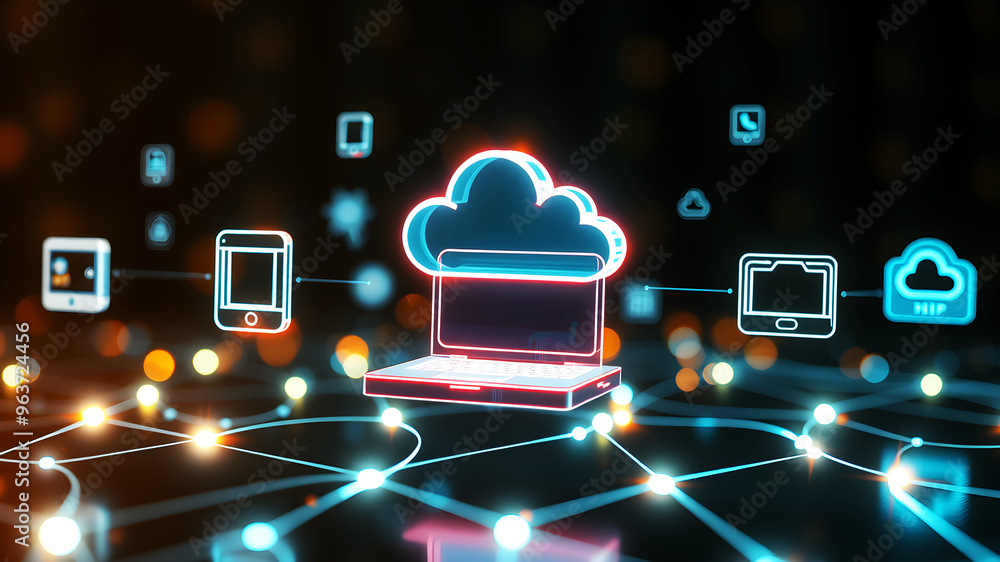 Poster floating 3d holographic icons representing digital devices and cloud storage, connected by bright, p