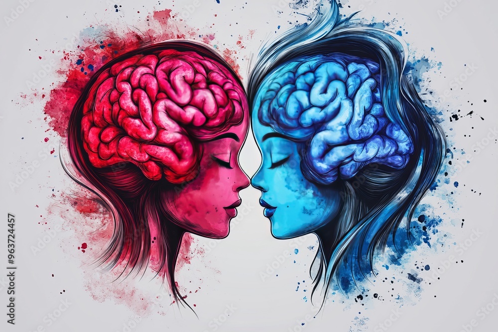 Poster neural resilience intellect artistic abstract representation of two brains in vibrant red and blue c