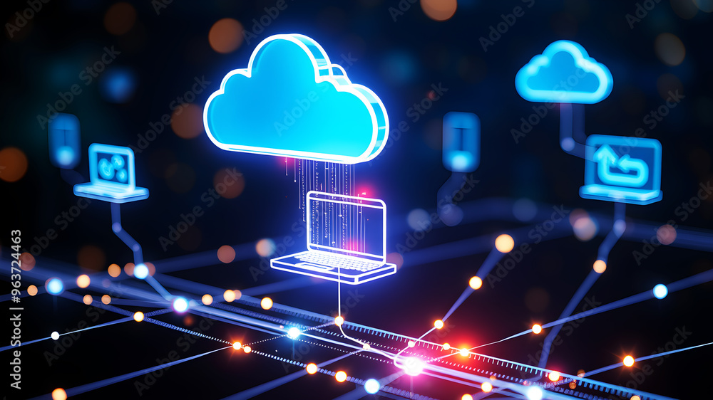 Poster floating 3d holographic icons representing digital devices and cloud storage, connected by bright, p