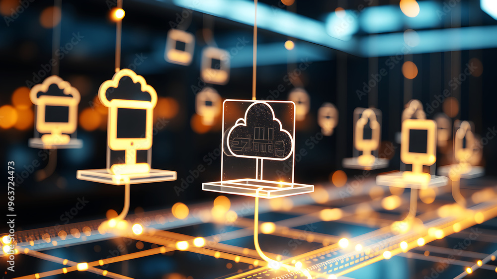 Poster floating 3d holographic icons representing digital devices and cloud storage, connected by bright, p