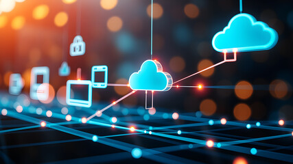 Floating 3D holographic icons representing digital devices and cloud storage, connected by bright, pulsing lines