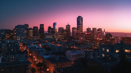 Naklejka premium High-rise building view at sunset, urban landscape