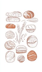 Set of Breads, Pastries, and Buns in Earthy Tones on White Background