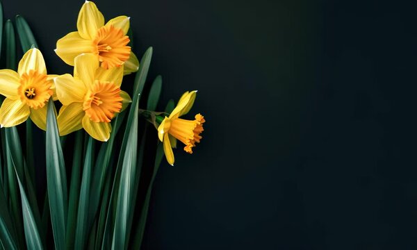 Bright yellow daffodils emerge vibrantly against a dark contrasting backdrop