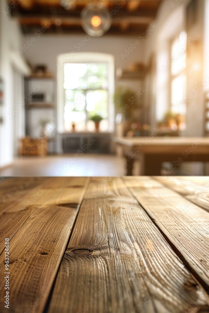 Poster a wooden table in a room with a window in the background