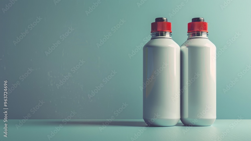 Poster two empty white bottles with red caps placed on a table surface