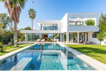 A calm and serene scene of a pool in front of a white house surrounded by palm trees, perfect for outdoor living or tropical-themed designs