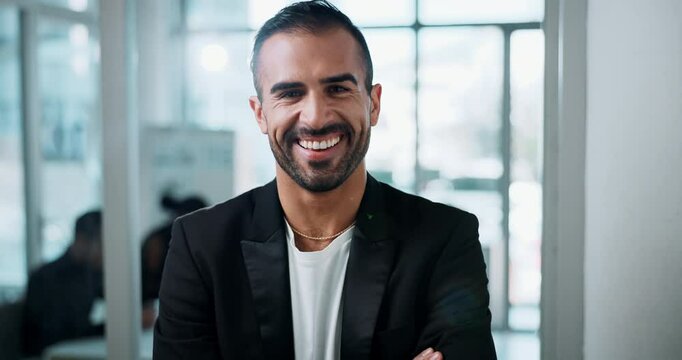 Smile, corporate and arms crossed with business man in office for internal auditor, financial organization or consultant. About us, asset management and agency with portrait of person in actuary firm