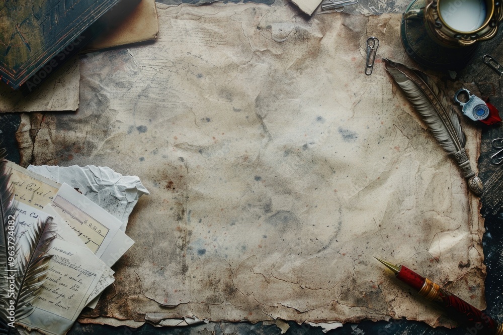 Poster a worn-out paper resting on a table surface, possibly containing notes or text