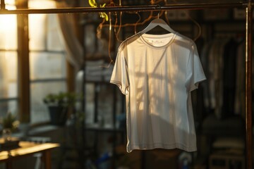 A white t-shirt hangs on a clothes rack, waiting to be worn