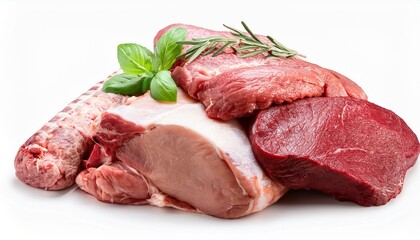 Meat assortment, different raw meat isolated on white background, full depth of field

