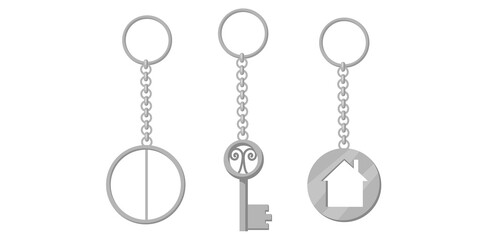 Collection Of Realistic Key Rings With Chain Vector Illustration.	