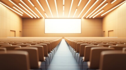 A spacious auditorium featuring rows of empty wooden chairs and bright fluorescent lights, ready for an upcoming event in a modern venue.