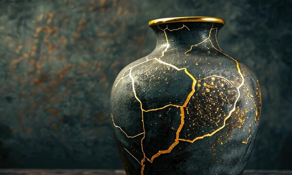 An elegant black vase with gold kintsugi repair