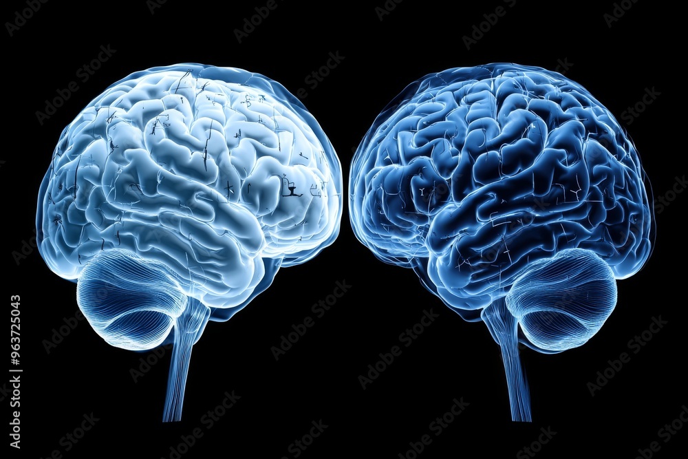 Poster neural horsepower intellect two realistic blue brains side by side representing cognitive power inte