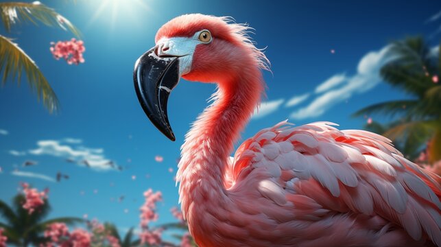 Pink flamingo wearing summer sunglasses. Summer background.
