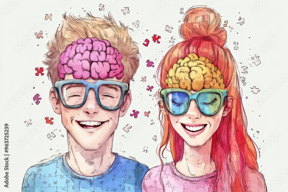 Poster mental dynamism intellect playful cartoon of a couple with colorful puzzle piece brains symbolizing 