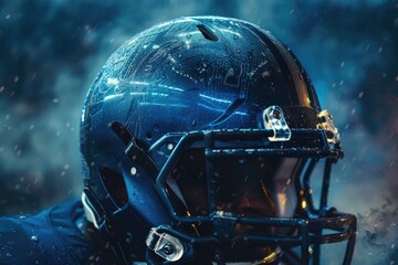 Fototapeta premium A football player wearing a helmet and getting wet in the rain