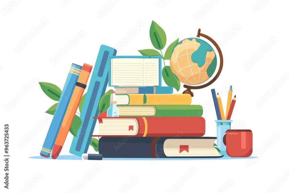 Poster a table with a pile of books and a globe, perfect for studying or exploring new places