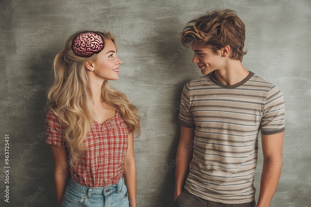 Poster neural dynamism intellect romantic couple with glowing brain symbolizing intellectual connection and