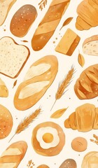 Set of Breads, Pastries, and Buns in Earthy Tones on White Background