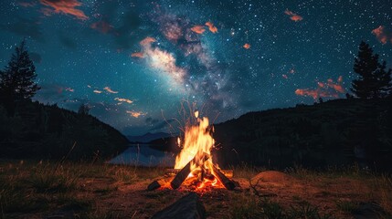 Campfire Under Starry Night Sky in Nature