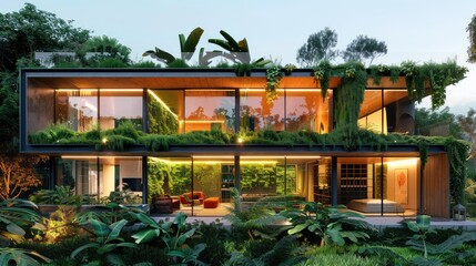 Obraz premium Luxurious Modern Home Surrounded by Lush Greenery at Twilight