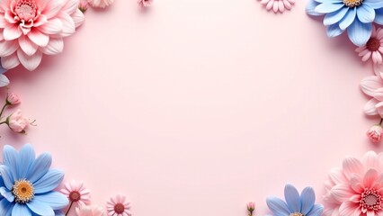 Fototapeta premium Pink and blue flowers arranged along the edge of a pastel pink background, creating an elegant floral border