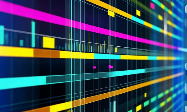 Abstract image of a colorful digital interface with focus on interactive touchpoints and data streams against blurred background