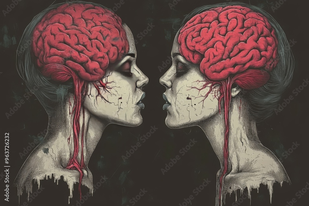 Poster neuronal sharpness neural tissue dark red and black illustration of two profiles with brains connect