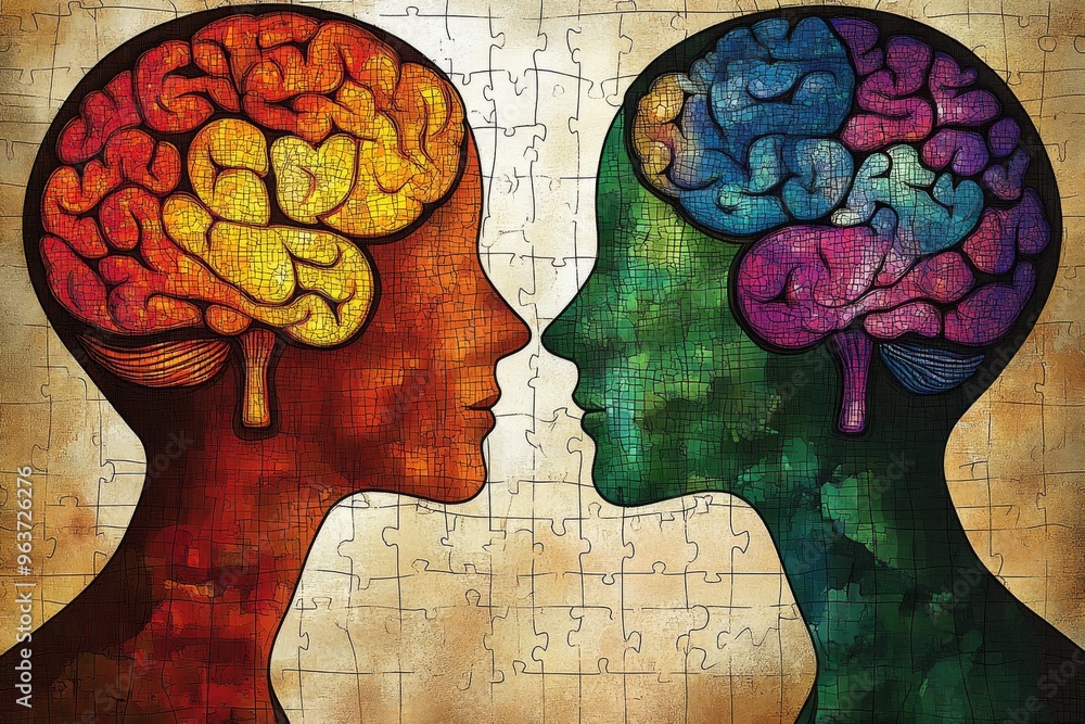 Poster brain resilience neural tissue multicolored brain puzzle illustration of two human profiles facing e