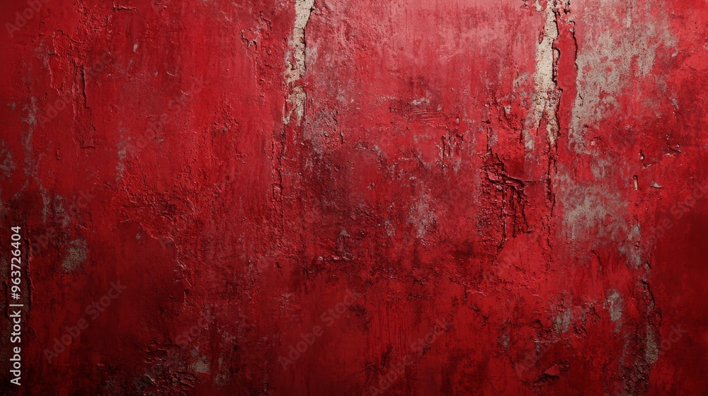 Poster the surface features a vibrant red hue with scratches and wear, creating a distinctive texture that 