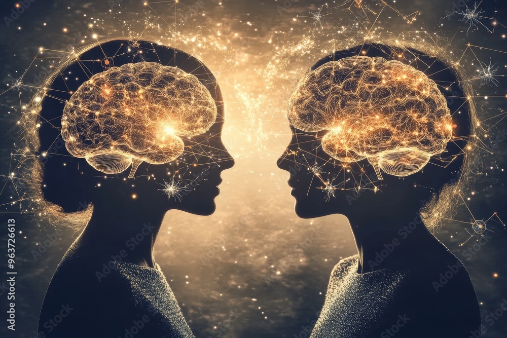Aufkleber brain agility neural tissue golden glowing brains of a man and woman facing each other symbolizing i