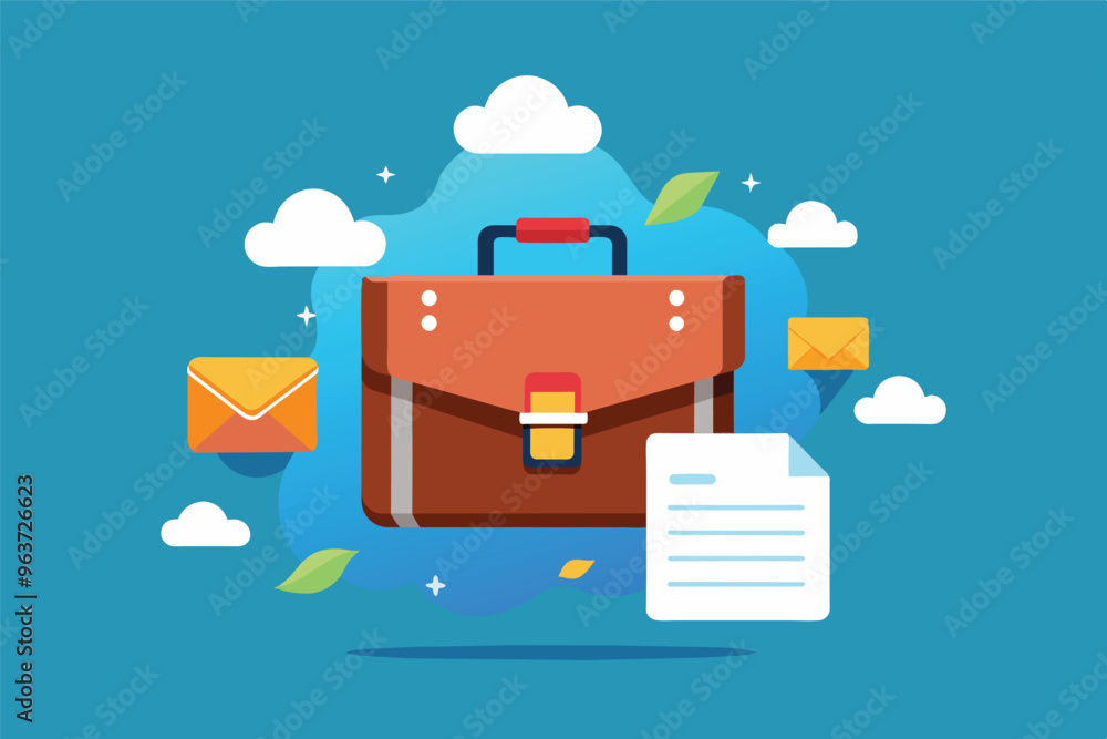 Poster a colorful illustration of a briefcase surrounded by letters and clouds, emphasizing communication a