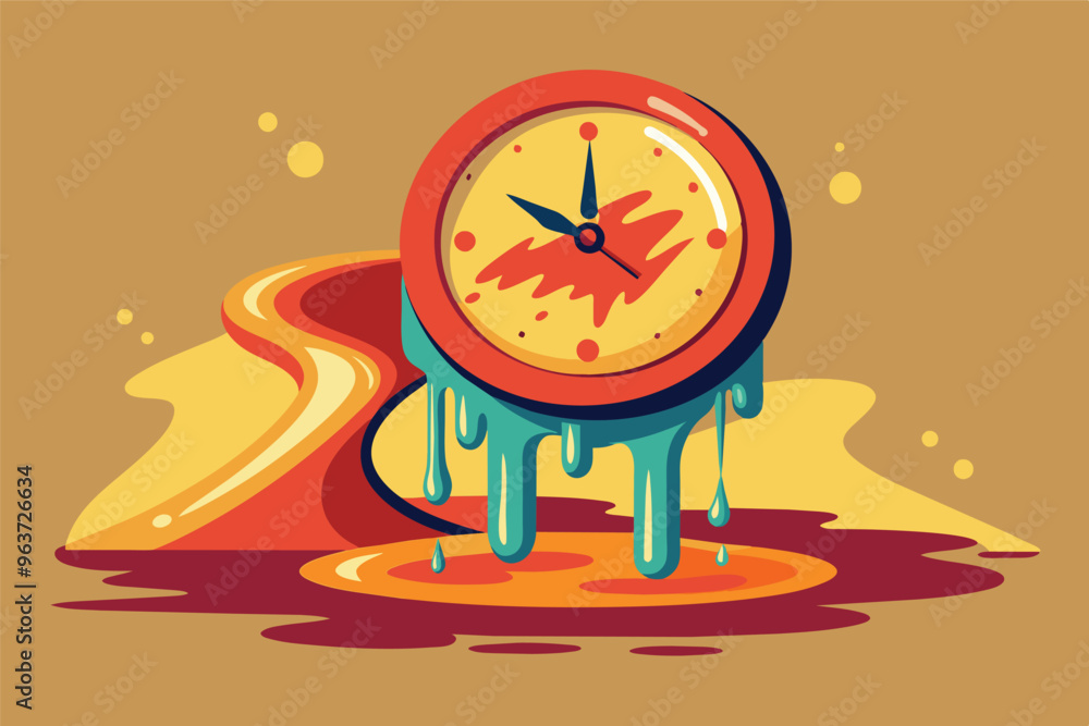 Aufkleber Melting clock design with vibrant colors representing the concept of time distortion and fluidity against a bright yellow background